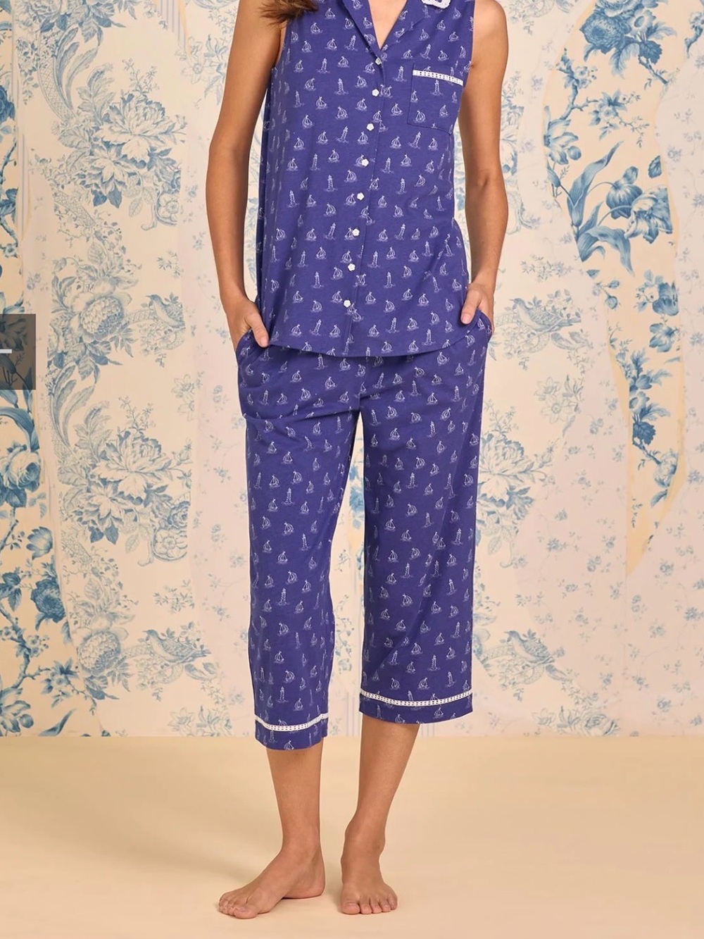 Eileen West MEDIUM Navy Sleeveless Pajama Set with Sailboat Motif